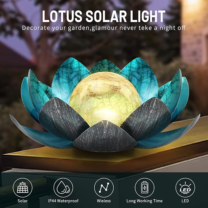 Lotus Solar Lights Outdoor,Solar LED Powered Garden Light Waterproof for Decor Tabletop Ground Yard Patio Walkway Landscape,Metal Glass LED Lotus Flower Lights-VerdiqueGarden
