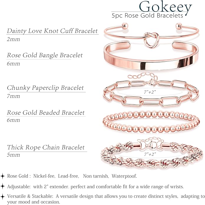 Gold Bracelets Set for Women Non Tarnish, 14K Gold Plated Sterling Silver Chunky Cuff Bracelet Stackable Gold Bangles Bracelet for Women Trendy Fashion Accessories Tie Knot Cuban Rope Paperclip Beaded Bracelet Stack Jewelry Valentines Day Gifts