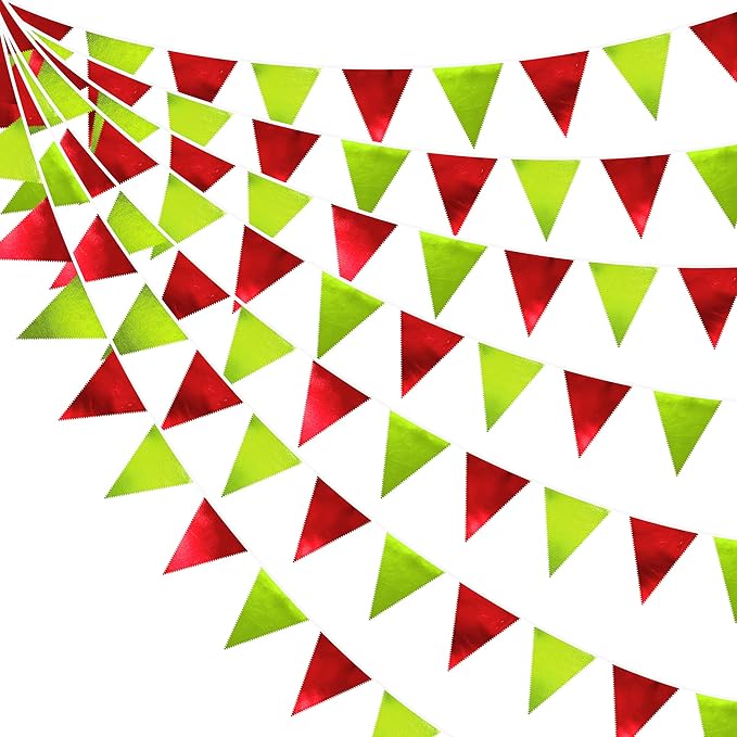 Red and Green Metallic Fabric Triangle Pennant Banner Flag Bunting Garland for Merry Grinchmas Birthday Baby Shower Bachelorette Xmas Holiday Christmas Holiday New Year Party Decorations Supplies-VerdiqueGarden