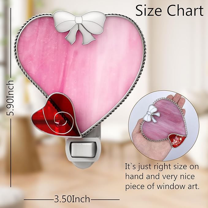 KY&BOSAM Plug in Pink Heart Night Light Stained Glass Nightlight Decorative Wall Night lights with On/Off Switch Come with 7 Watt Bulb Mother`s Christmas Valentine`s Holiday Spring & Winter Home Decor-VerdiqueGarden