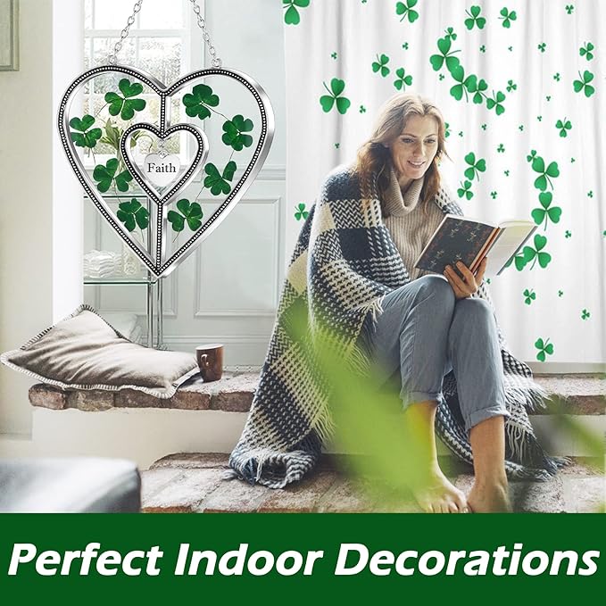 KY&BOSAM Shamrock Heart Suncatcher Faith Suncatcher St Patrick's Day Decoration Grandma Gifts for Windows Hangings Wind Chime with Pressed Flower Gifts for Mom Mother`s Day Valentine's-VerdiqueGarden