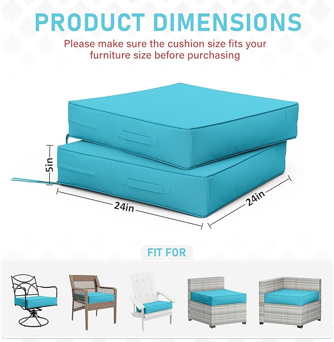 Patio Chair Cushions 24 X 24 X 5 Inch Waterproof Outdoor Seat Cushions for Patio Furniture, Outdoor Sofa Couch Pads with Ties & Handle, Set of 2, Lake Blue-VerdiqueGarden