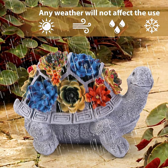 Solar Garden Statues Turtle with Succulent and 6 LED Lights, 9.1" L x 5.7" W x 6.7" H Outdoor Solar Decor, Turtle Garden Figurines for Lawn, Balcony, Yard Decoration, Gifts for Mom Wife-VerdiqueGarden