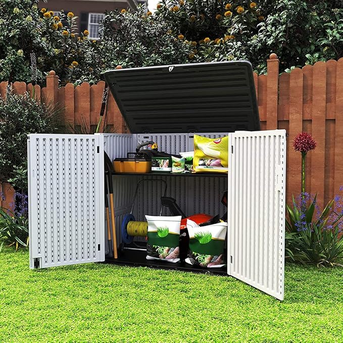 KINYING Larger Outdoor Storage Shed Weather Resistance, Horizontal Outdoor Storage Box Waterproof for Garden, Patios, Backyards, 48 Cu.ft Capacity for Garbage Cans, Lawn Mower, Garden Tools-VerdiqueGarden