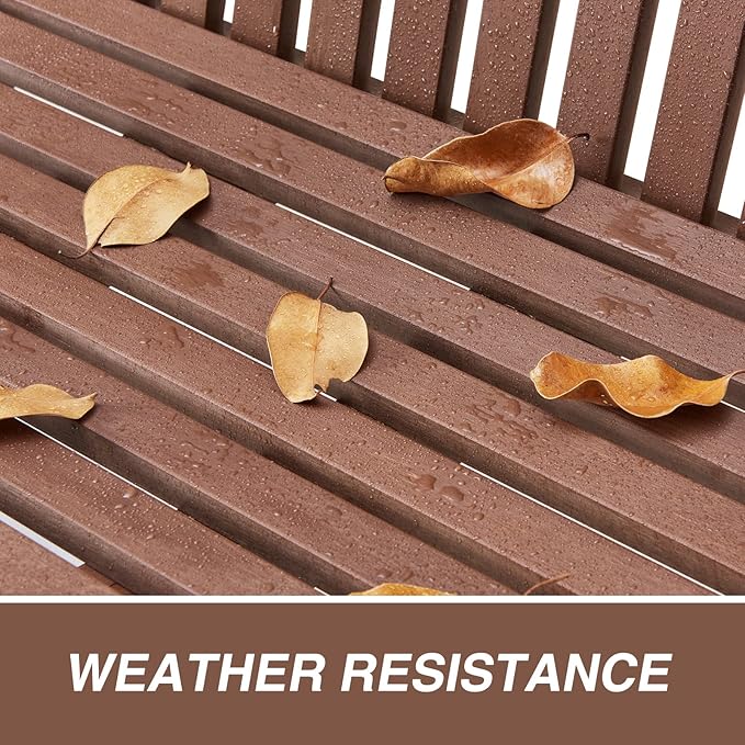 Psilvam Garden Bench, 2-Person Poly Lumber Patio Bench, All-Weather Outdoor Bench That Never Rot and Fade, Suit for Garden, Porch and Park(Brown)-VerdiqueGarden