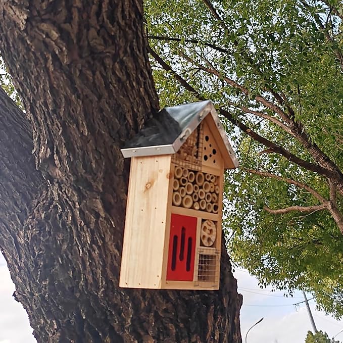 TIHOOD Natural Wooden Hanging Bee House for Gardens Natural Wooden Butterfly Hotel for Bee, Butterfly, Ladybirds, Habitat, Bee Hotel Garden-VerdiqueGarden