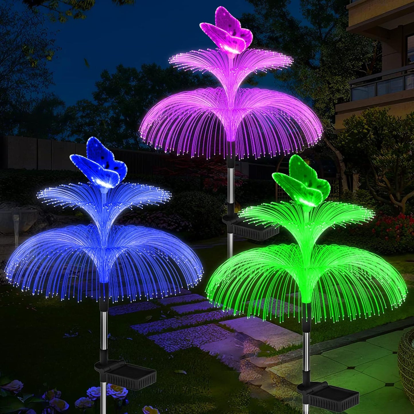 Solar Garden Lights Waterproof 3 Pack Solar Lights Outdoor Decorative 7 Color Changing Double Jellyfish and Butterfly Flower Garden Decor Yard Christmas Pool Outdoor, Gifts for Mother's Women-VerdiqueGarden