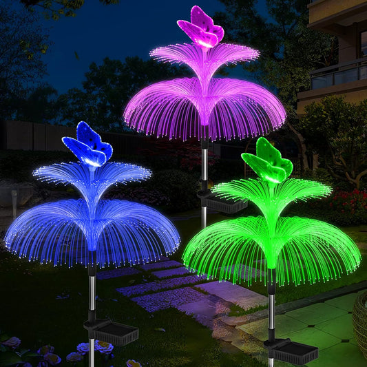 Solar Garden Lights Waterproof 3 Pack Solar Lights Outdoor Decorative 7 Color Changing Double Jellyfish and Butterfly Flower Garden Decor Yard Christmas Pool Outdoor, Gifts for Mother's Women-VerdiqueGarden