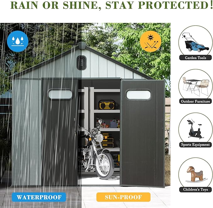 Domi 8x10FT Outdoor Resin Storage Shed with Transparent Windows & Louvered Vents, Plastic Tool Shed with Double Lockable Doors & Gable Roof, Outside Garden Shed for Backyard, Patio, Lawn, Grey-VerdiqueGarden