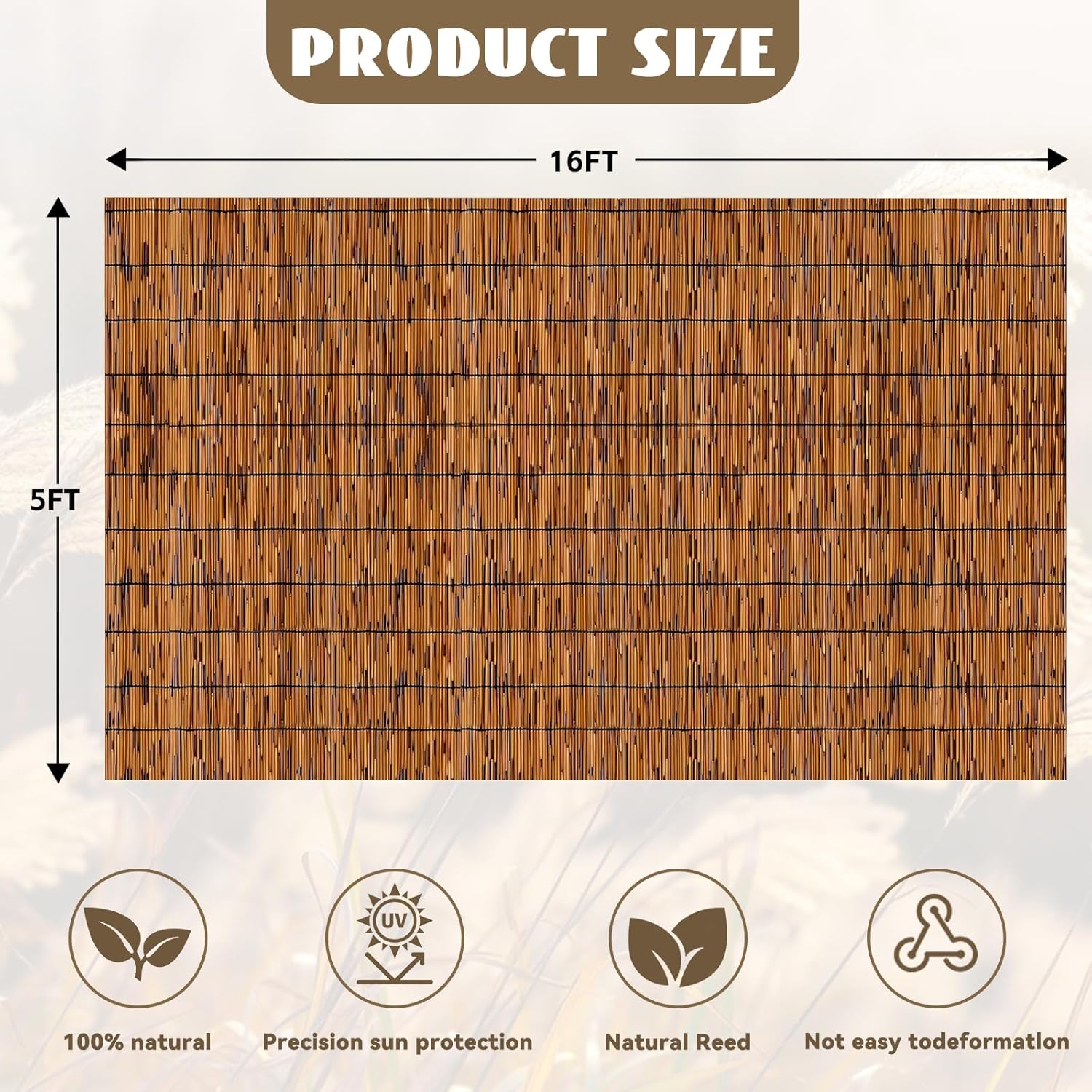 Bamboo Reed Fencing, Light Russet Decorative Bamboo Privacy Fence 5ft High, Reed Curtains for Patio Garden Balcony Outdoor Privacy Screen, 5 x 16 FT-VerdiqueGarden