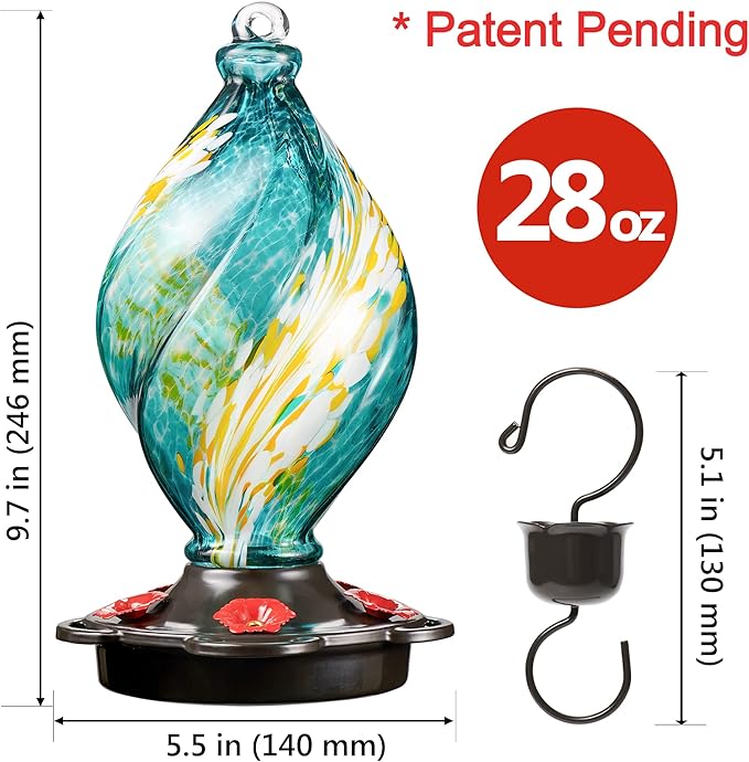 LUJII Ice Cream Shaped Spiral Hummingbird Feeder for Outdoors Hanging, Hand Blown Glass, 28 fl.oz, Leak Proof & Rustproof, Includes an Ant Moat with Hook, Unique & Stylish Glass Art & Decor (Teal)-VerdiqueGarden