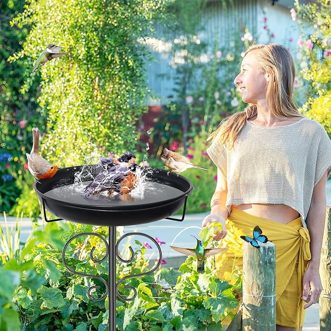 40In Bird Baths for Outdoors, Metal Birdbath Birdfeeder with Heavy Duty 5 Prong Stake, Vintage Detachable Bird Bath Water Feeder Bowl for Garden Yard Lawn Decor Black-VerdiqueGarden