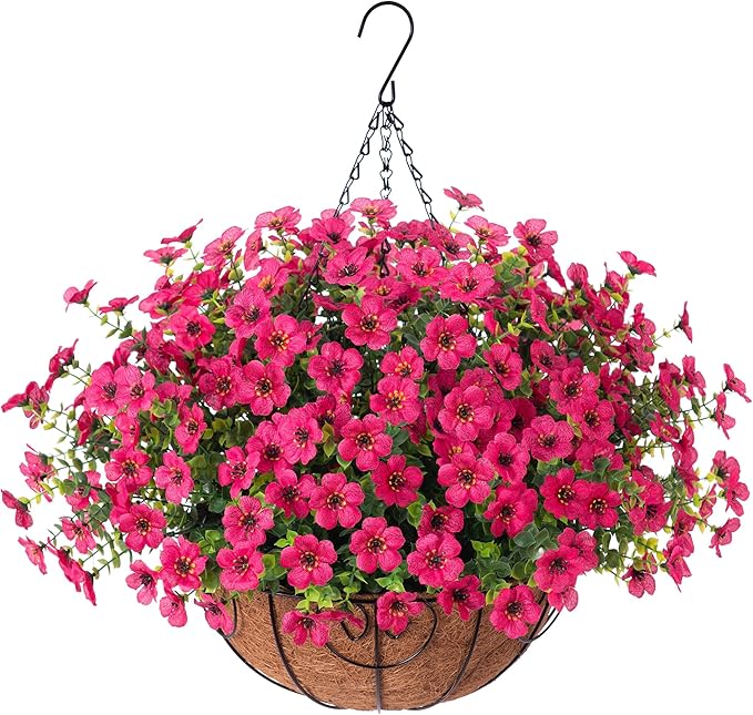 Artificial Fake Hanging Plants Flowers Basket for Outdoor Outside Porch Summer Decoration, Faux Silk Hotpink Dasiy UV Resistant Realistic in Planter for Home Patio Garden Yard-VerdiqueGarden