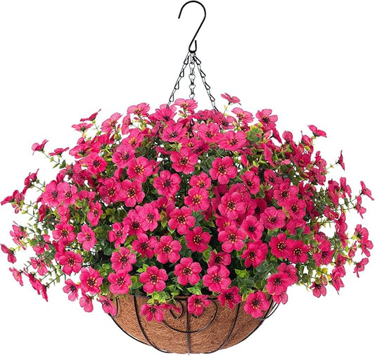Artificial Fake Hanging Plants Flowers Basket for Outdoor Outside Porch Summer Decoration, Faux Silk Hotpink Dasiy UV Resistant Realistic in Planter for Home Patio Garden Yard-VerdiqueGarden