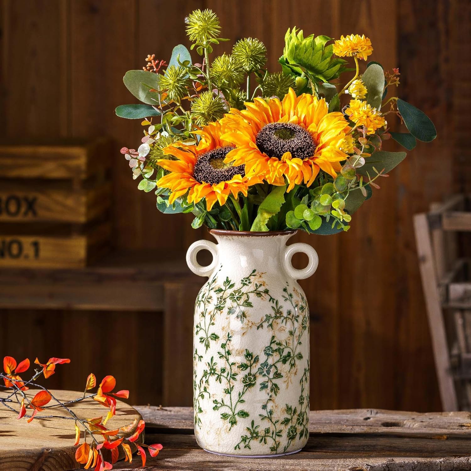 Vintage Pastoral Vase with Handles, Green and Beige Retro Ceramic Flower Vase, Rustic Farmhouse Vases Chinoiserie Floral Large Vase for Home Decor, Living Room, Kitchen, Bedroom and Shelf 9.1 Inch-VerdiqueGarden