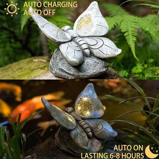 Garden Statue Butterfly,Solar Butterfly Decor for Outdoor,Resin Butterflies Figurine with Solar Light for Patio,Balcony,Yard,Lawn Ornament,Perfect Garden Gift-VerdiqueGarden