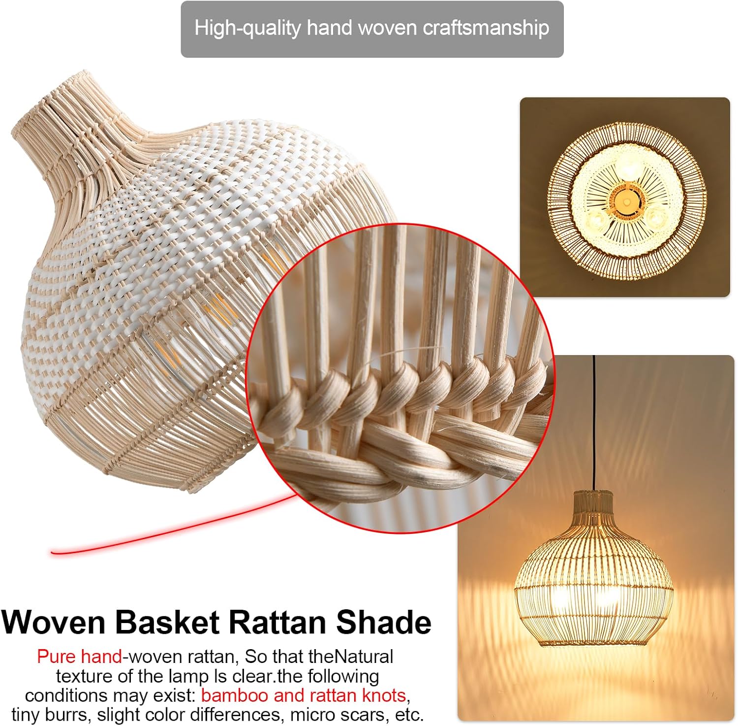 15" Rattan Pendant Light Fixture,3-Light Hand-Woven White Wicker Basket Chandelier Boho Faux Rattan Hanging Lamp,for Dining Living Bedroom Kitchen 1-Pack-VerdiqueGarden