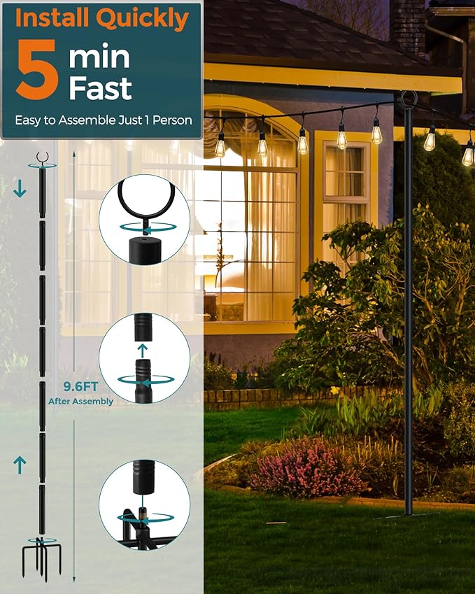 LAND·VOI Metal String Light Poles for Outside Hanging - Backyard, Garden, Patio, 1 Pack Lighting Stand with Adjustable Height for Outdoor Parties, Wedding, Extra-Long 5-Prong Claws, (9.6FT) FLP01B-VerdiqueGarden