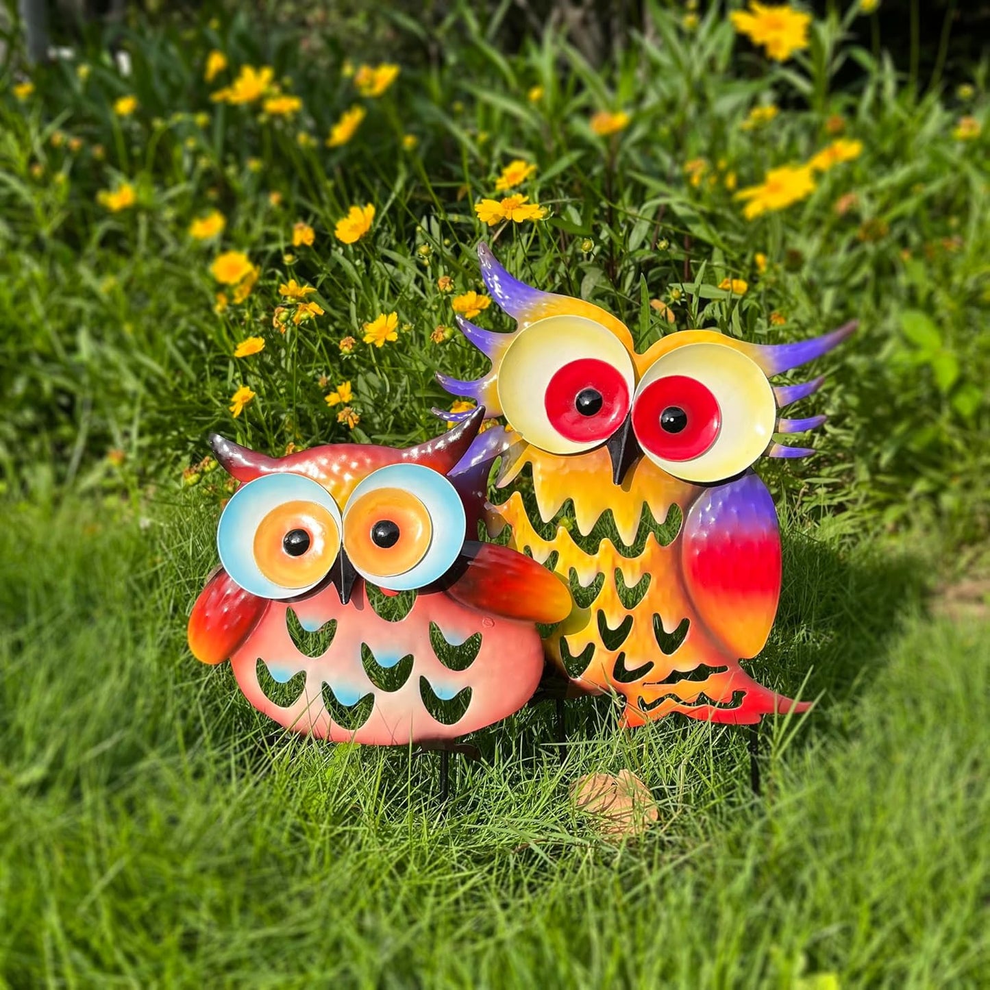 Pack of 2 Metal Fresh Color Owl Garden Statues Silhouette Couple Stakes Decorative Outdoor Animal Sculptures for Yard Décor and Lawn Ornaments-VerdiqueGarden