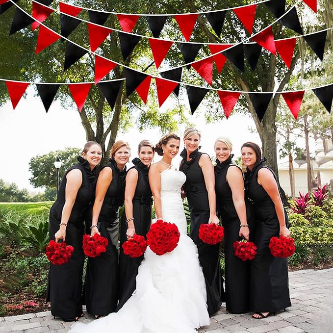 Red Black Party Decoration Metallic Fabric Triangle Pennant Banner Flag Bunting Garland for Graduation Halloween Birthday Wedding Bachelorette Anniversary Las Vegas Casino Poker Pirate Party Supplies-VerdiqueGarden
