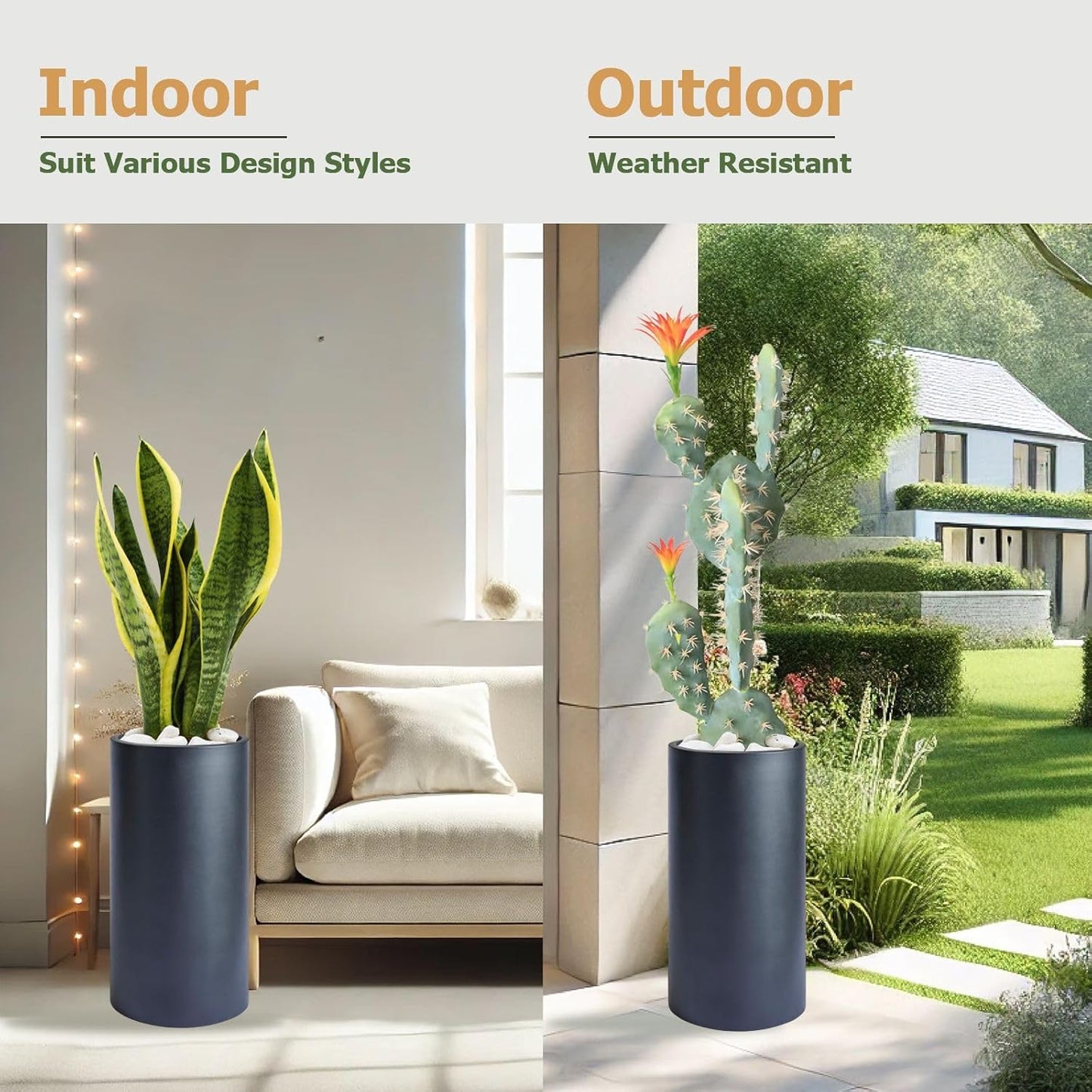 19.5"H x 9.8"D Tubo Fiberstone Cylinder Tall Planter with Drainage Hole, Smooth Finishes, Weather Resistant for Indoor and Outdoor Use, Included 2 Extra Coco Mats (Black, 8.2" Pot Opening)-VerdiqueGarden
