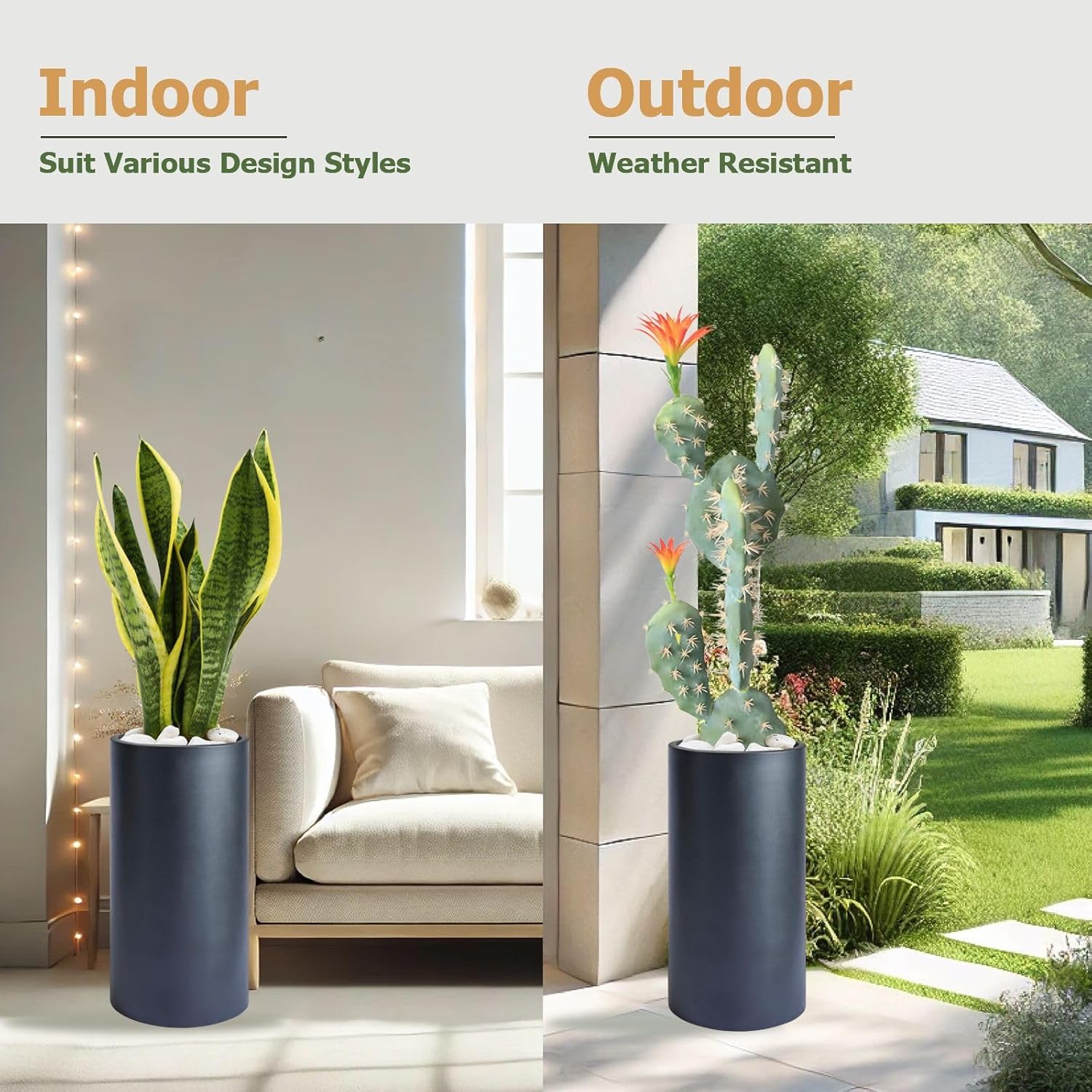19.5"H x 9.8"D Tubo Fiberstone Cylinder Tall Planter with Drainage Hole, Smooth Finishes, Weather Resistant for Indoor and Outdoor Use, Included 2 Extra Coco Mats (Black, 8.2" Pot Opening)-VerdiqueGarden