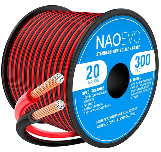 NAOEVO 20 Gauge Wire 300FT, 2 Conductors Electrical Wire Red Black Cable, Flexible/Low Voltage/PVC 20 AWG Copper Clad Aluminum Extension Cord for Speaker, LED Strips, Automotive 12V/24V DC-VerdiqueGarden