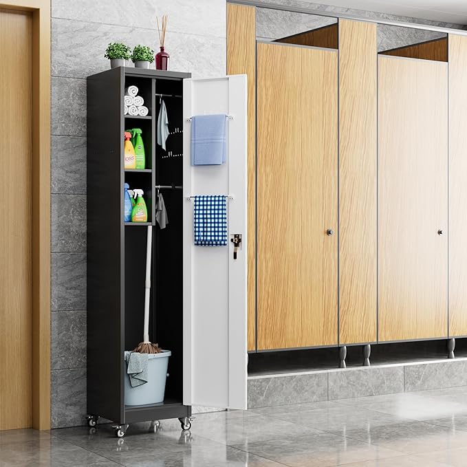 72''H Metal Broom Closet Storage Cabinet with Wheels & Pegboards, Mops Broom Closet Organizer with Locking Door & Hanging Rod,Cleaning Tool Garage Cabinet,Assembly Required,Black White-VerdiqueGarden