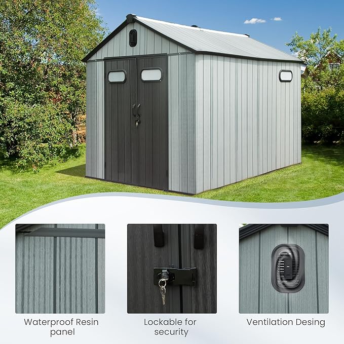 Domi 8x10 FT Outdoor Resin Storage Shed, All-Weather Double-Wall Garden Shed for Backyard, Lawn Tools, Bike, Mower & Pool Equipment with Lockable Doors, Ventilated Roof, Grey-VerdiqueGarden