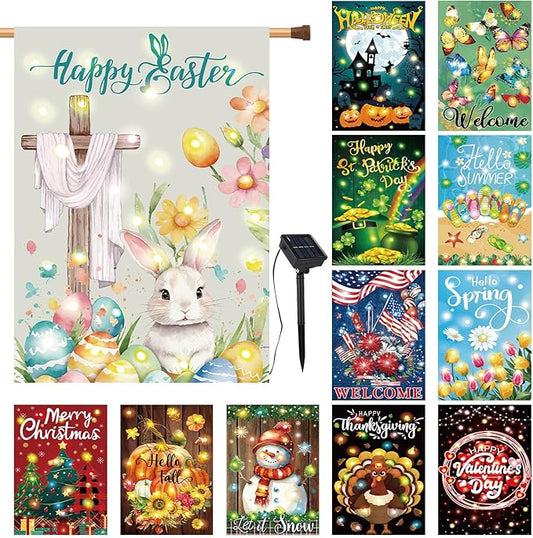 12 Pcs Solar Seasonal LED Garden Flags 28 x 40 Inch Double Sided Yard Flags Spring Easter Halloween Fall Thanksgiving Day Decorations Welcome Garden Flag Lawn Yard Outdoor Holiday Decoration-VerdiqueGarden