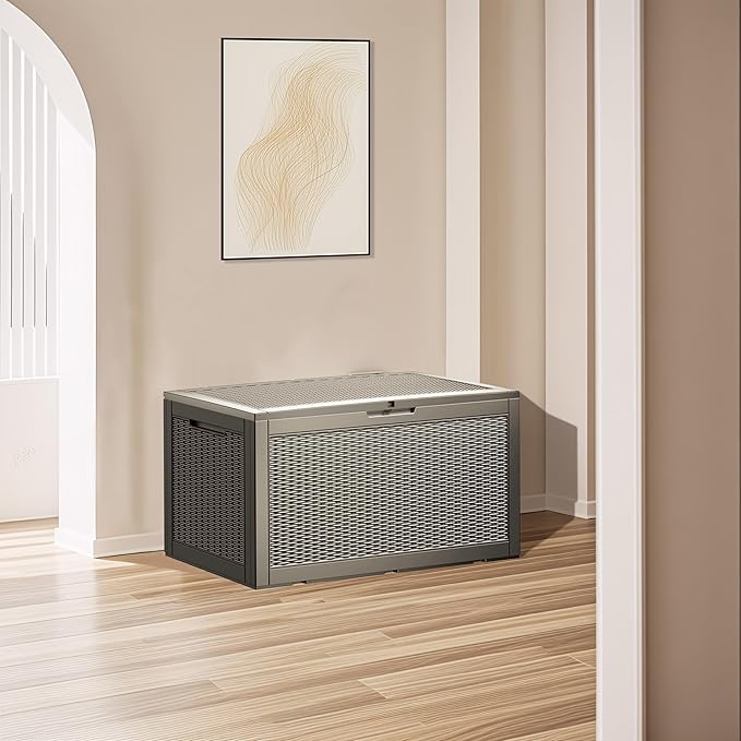 Multi-Functional 100 Gallon Patio Storage Bench - Waterproof Outdoor Deck Box & Storage Cabinet, Lockable Resin Chest for Pool/Garden Accessories, UV-Resistant, Weathered Grey-VerdiqueGarden