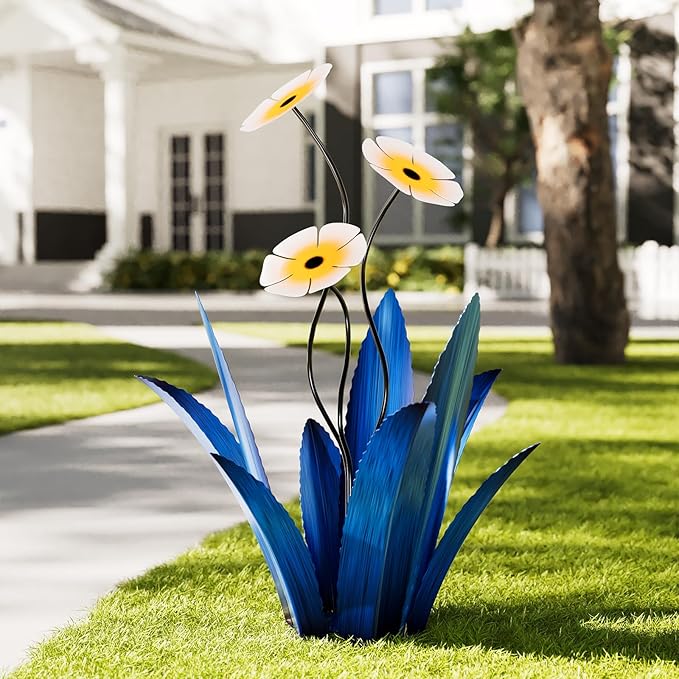 Upgraded Large Metal Yard Art, Agave Plant Yard Decorations Outdoor Sculpture, Flowers for Outside, Waterproof Outdoor Garden Decor (Blue + White Flower)-VerdiqueGarden