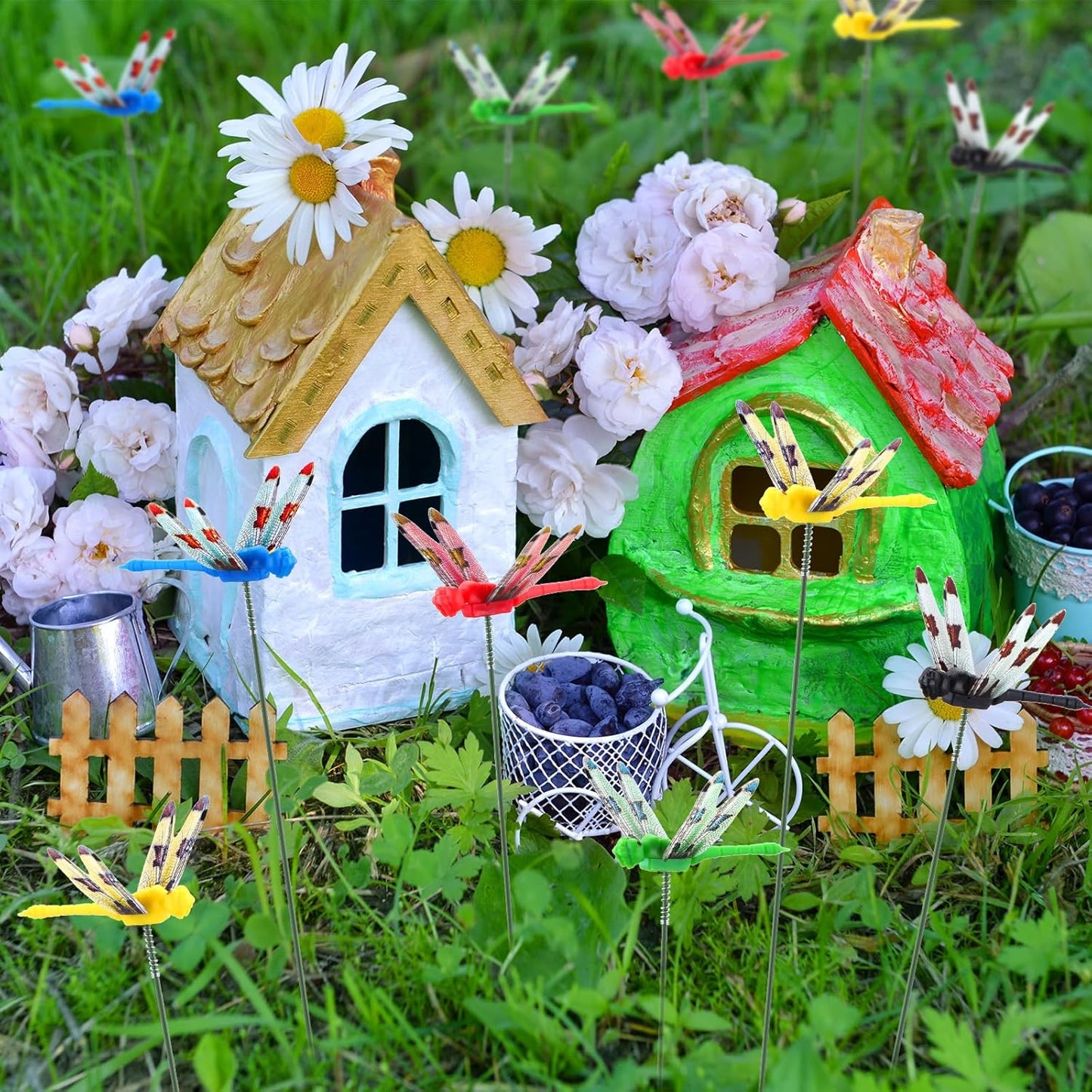 Leinuosen 100 Pcs 2.36" 3D Dragonfly Garden Stakes, Long Dragonfly Stakes Garden Decor Indoor Outdoor Yard Ornaments Flower Pot Patio Decoration(Red, Yellow, Blue, Green, Black)-VerdiqueGarden