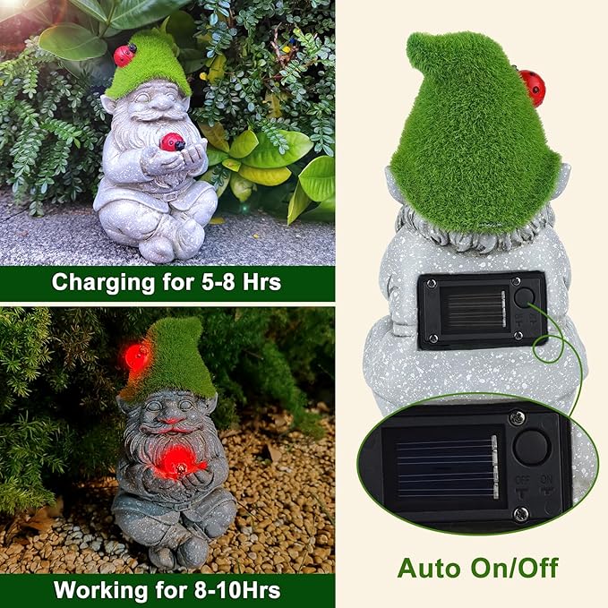 Solar Gnomes Garden Statues, Outdoor Lighted Gnome with Ladybugs Garden Decor Waterproof Figurines for Patio Porch Balcony Yard Lawn Lantern, Yard Art Decorations Gifts for Garden Patio Lawn-VerdiqueGarden