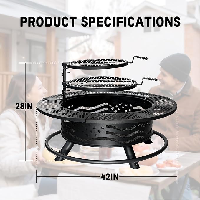 42 Inch Fire Pit with 2 Cooking Grates, Outdoor Wood Burning BBQ Grill Firepit Bowl with Cover Lid, Steel Round Table for Backyard Bonfire Patio Picnic (Black, 42)-VerdiqueGarden