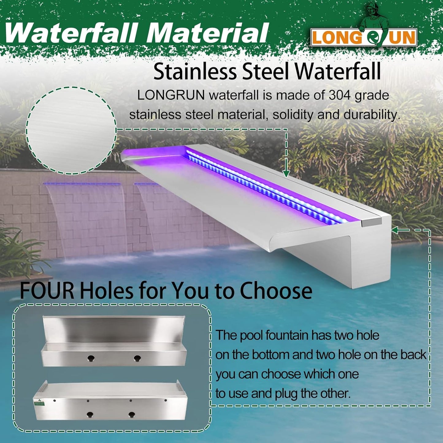LONGRUN Pool Fountain Stainless Steel Outdoor Pond Spillway Waterfall with Wider Water Flow Platform Multi-Color LED Light Spray Indoor Waterfall Fountains for Garden-35.4" x 8" x 3.94"(W x D x H)-VerdiqueGarden