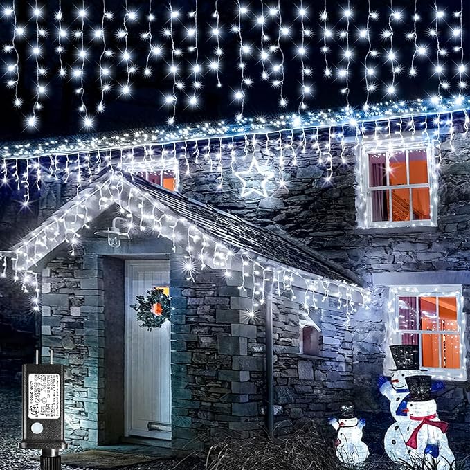 Icicle Christmas Lights, 98FT 1216 LED Icicle Lights for Outside with 228 Drops, 8 Modes Waterproof Twinkle String Lights for House Bedroom Wedding Holiday Decorations, White-VerdiqueGarden