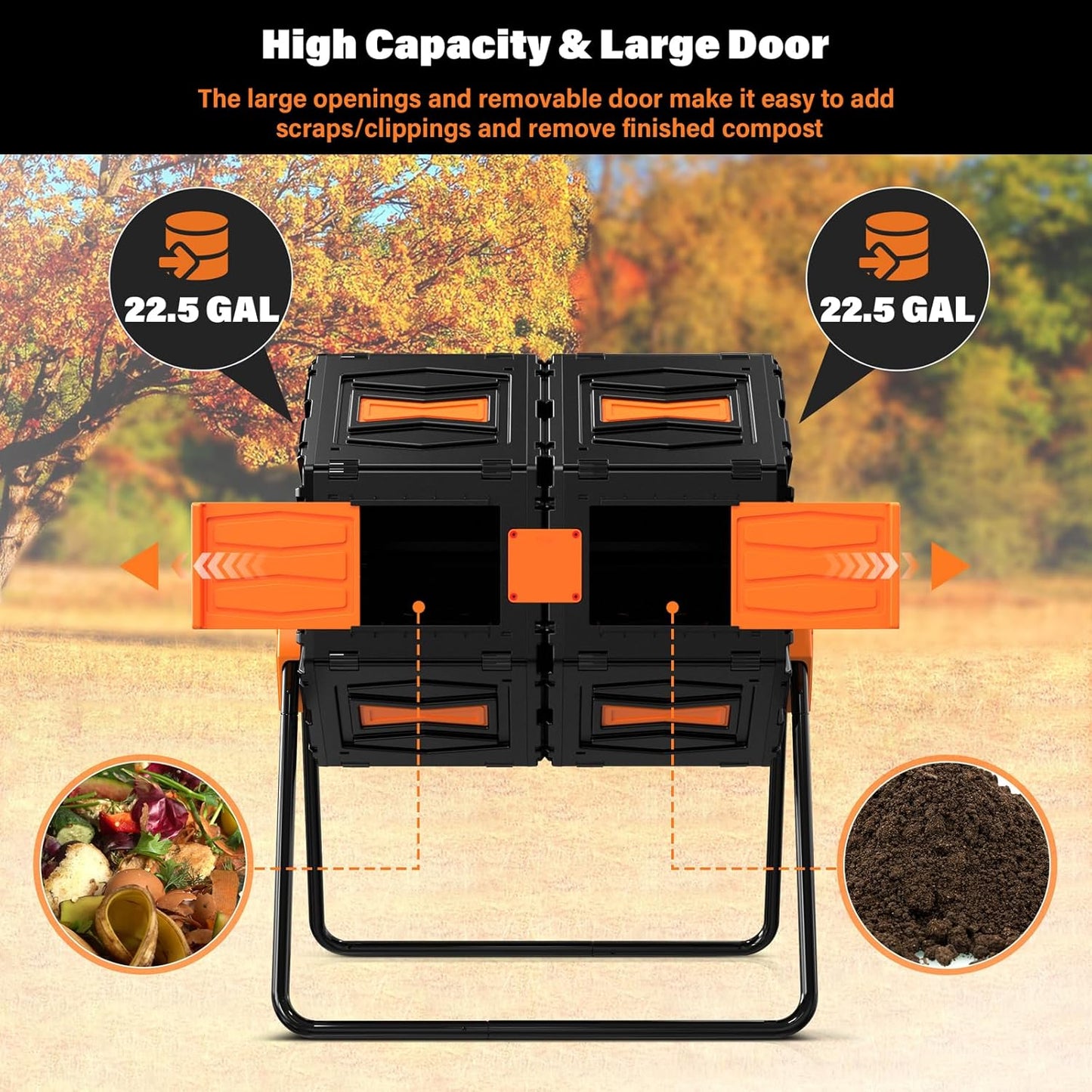 Compost Tumbler, Easy Assemble & Efficient Outdoor Compost Bin, 45 Gallon/170 Liter Large Dual Chamber Rotating Composter for Garden, Kitchen, and Yard Waste, Orange Door-VerdiqueGarden