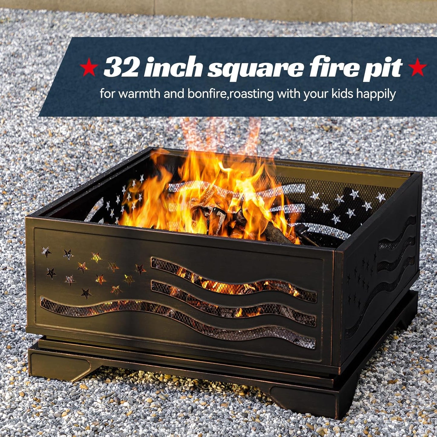 32Inch Square-Shaped Fire Pit,Outdoor Fire Pits with Spark Screen&Poker,Metal Square Wood Burning Firepits for Outside,Backyard,Bonfire,Patio,Party,Garden,Picnic and Camping(Antique Bronze)-VerdiqueGarden