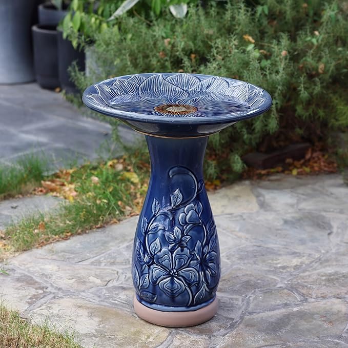 LuxenHome 22 Inch Ceramic Bird Bath for Outside, Elegant Tall Outdoor Bird Bath, Lightweight Pedestal Glazed Birdbaths for Outdoors with Floral Pattern, Deep Blue-VerdiqueGarden