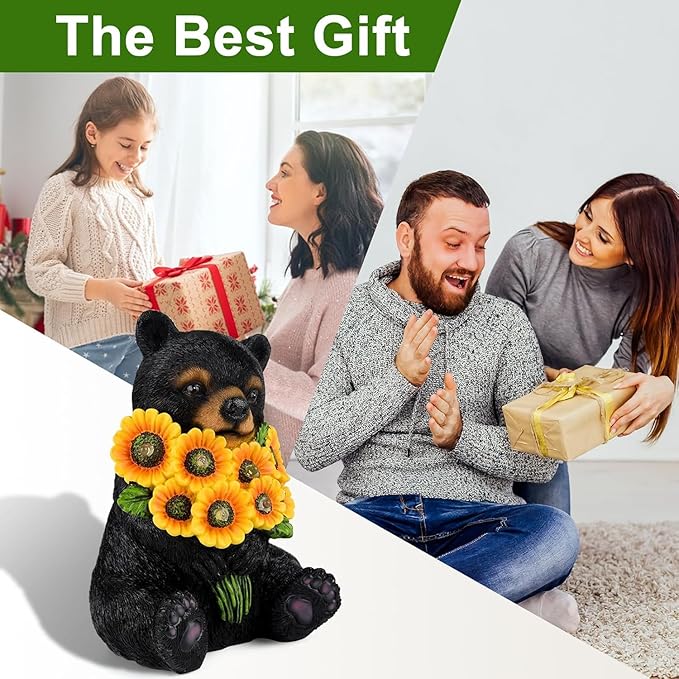 ILLUMINEW Solar Garden Lights Outdoor Statues Black Bear with Sunflowers, Sculpture Decor Mother Gifts for Women, Men or Daughter, Unique Garden Statues for Housewarming Gifts-VerdiqueGarden