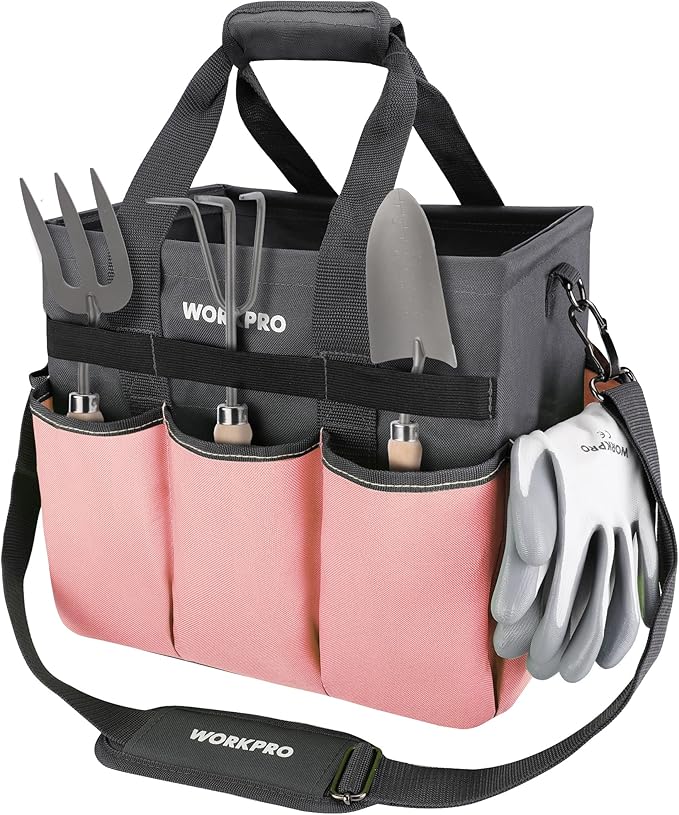 WORKPRO Garden Tool Bag, Heavy Duty Gardening Tote Bag Organizer with 10 Pockets and Long Adjustable Shoulder Strap, Standable Garden Home Tool Kits Organizer, Pink-VerdiqueGarden