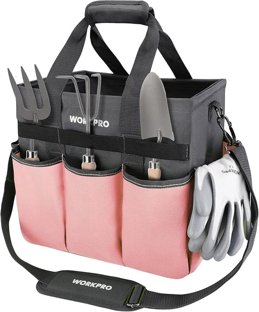 WORKPRO Garden Tool Bag, Heavy Duty Gardening Tote Bag Organizer with 10 Pockets and Long Adjustable Shoulder Strap, Standable Garden Home Tool Kits Organizer, Pink-VerdiqueGarden
