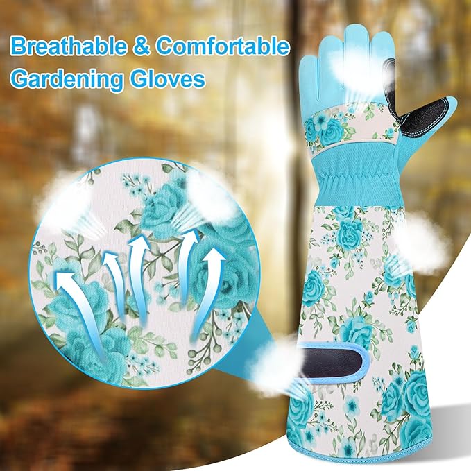 DLY Gardening Gloves for Women, Rose Gloves Gardening Thorn Proof, Long Garden Gloves for Women, Breathable & Durable Leather Gauntlet(Medium, Light Blue)-VerdiqueGarden