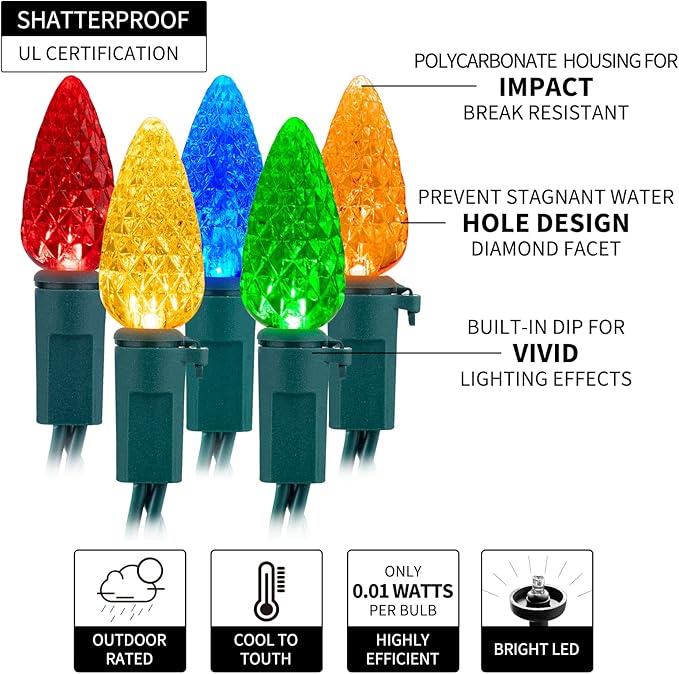 C6 LED Christmas String Lights - 2 Pack 20ft 60LED Battery Operated Strawberry String Lights with Timer and 8 Light Modes for Christmas Trees, Wreaths, Indoor Outdoor Xmas Decor, Multicolor-VerdiqueGarden