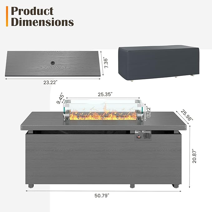 Sundale Outdoor 51 Inch Outdoor Fire Pit Table, 50,000 BTU Rectangle Propane Fire Pit with Glass Wind Guard, Rain Cover, Removable Lid, Matching with Outdoor Furniture Sets, CSA Certified, Gray-VerdiqueGarden