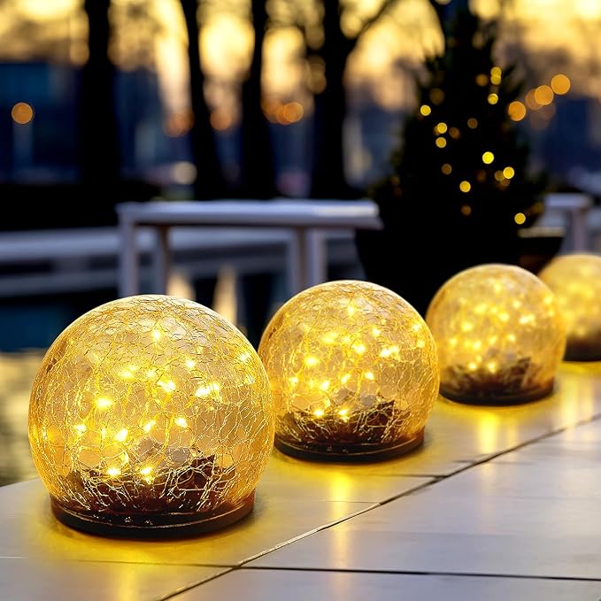 Honoson 3.9 Inch Solar Globe Lights Outdoor Waterproof, Solar Balls for Garden Cracked Glass Ball, Ground Landscape Garden Decor for Patio and Yard Lawn Backyard (4 Pieces)-VerdiqueGarden