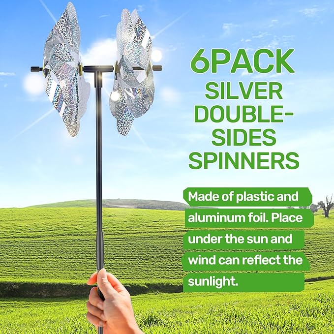 BATTIFE 6 Sets Pinwheels for Yard and Garden, Double Sides Reflective Bird Deterrent Pinwheel, Large Silver Outdoor Sparkly Wind Spinner, Pin Wheels for Lawn and Patio…-VerdiqueGarden