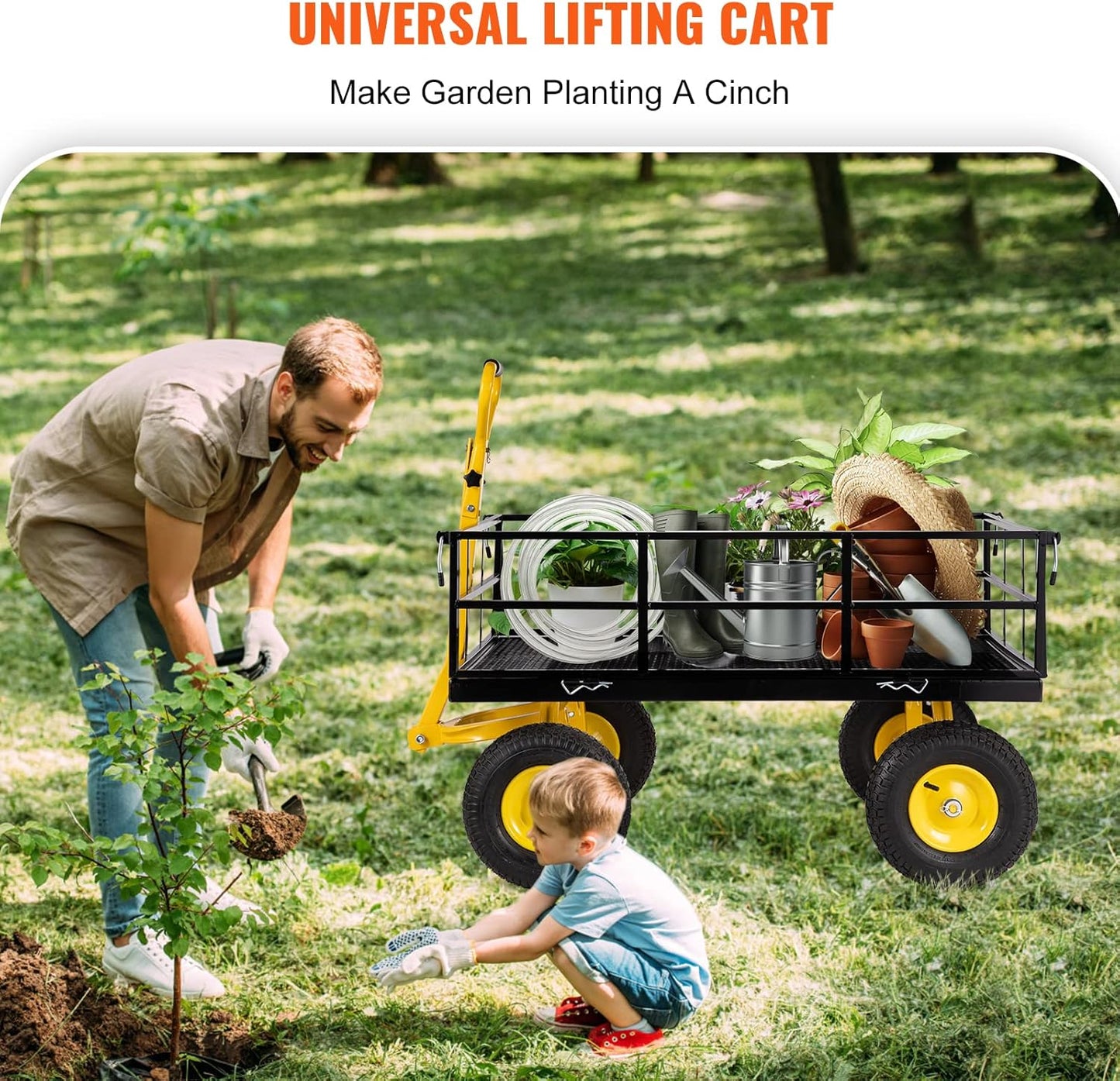 VEVOR Steel Garden Cart, Heavy Duty 1200 lbs Capacity, with Removable Mesh Sides to Convert into Flatbed, Utility Metal Wagon with 2-in-1 Handle and 13 in Tires, Perfect for Garden, Farm, Yard-VerdiqueGarden