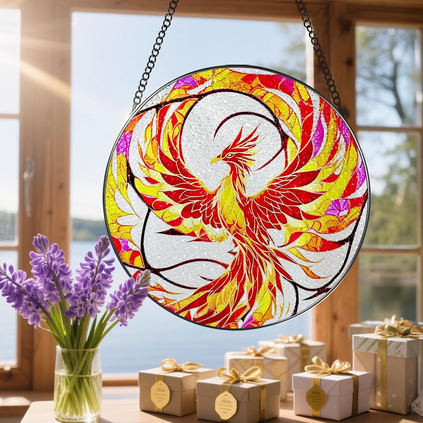 Stained Glass Window Hanging, Stained Glass Suncatcher, Phoenix Sun Catcher, Window Decor, Phoenix Gift, Gifts for Mothers Day, Christmas or Birthday Gift, Gifts for Her Mom Grandmother Daughter-VerdiqueGarden